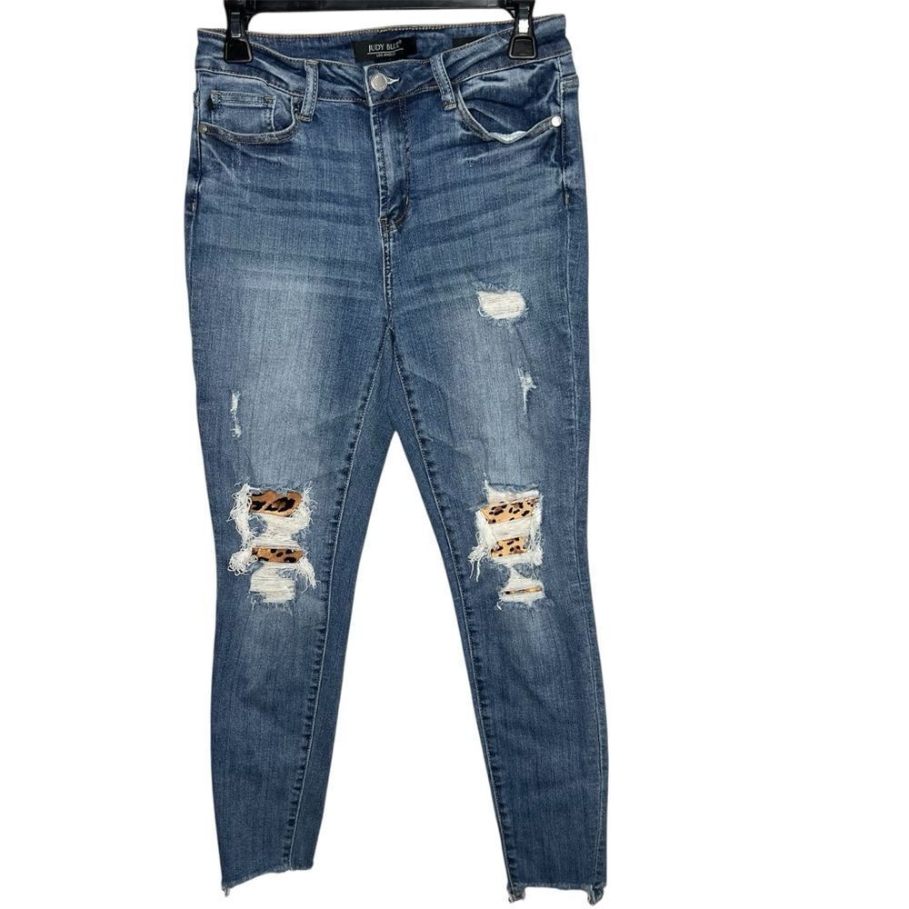 Judy Blue Skinny Fit Distressed Dark Blue Leopard Patch Women’s Jeans Sz 28/7